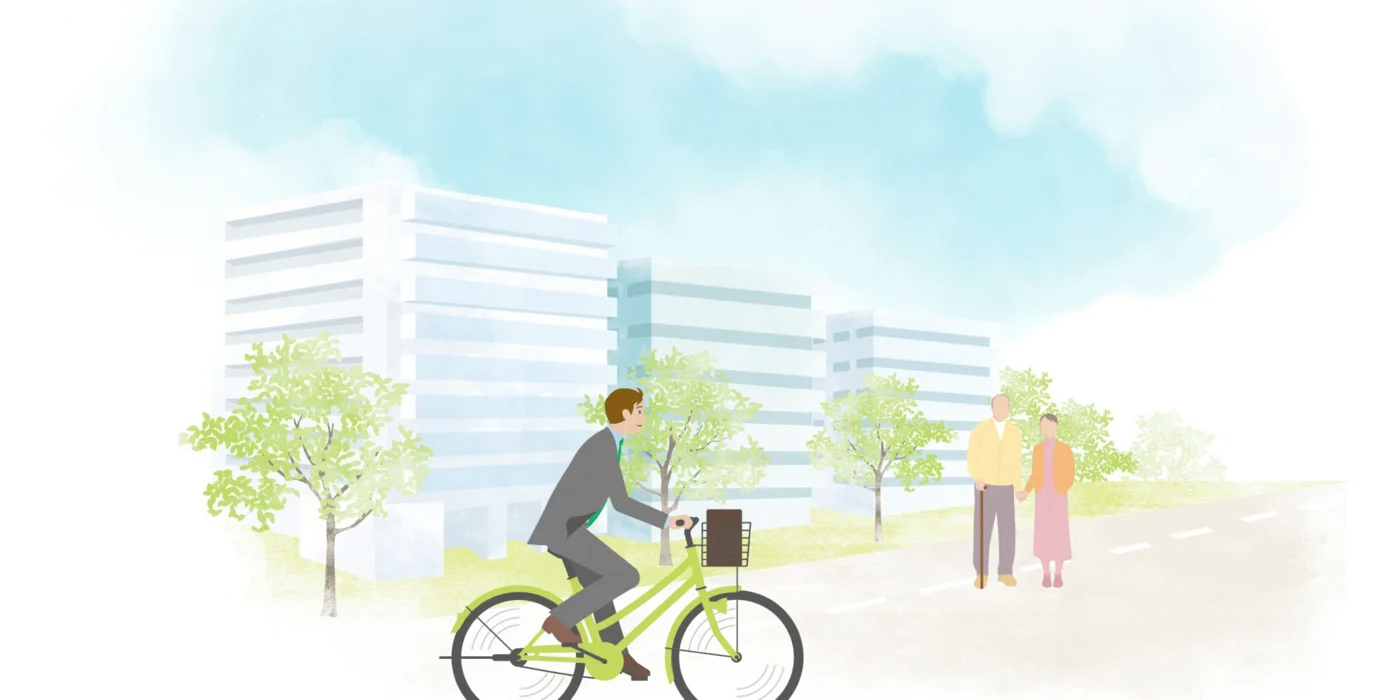 マンション街を自転車で走る管理スタッフのイラスト